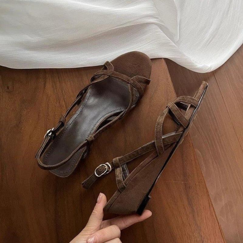 Fashion Summer 2025 Niche Design Simple Open Toe Round Toe Crossover Belt Wedge Sandals Women's Versatile Roman Sandals