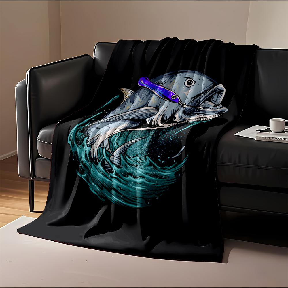 Jumping Fish with Lure in Splashing Waves Flannel blanket for bedroom, living room, sofa, and nap sofas.