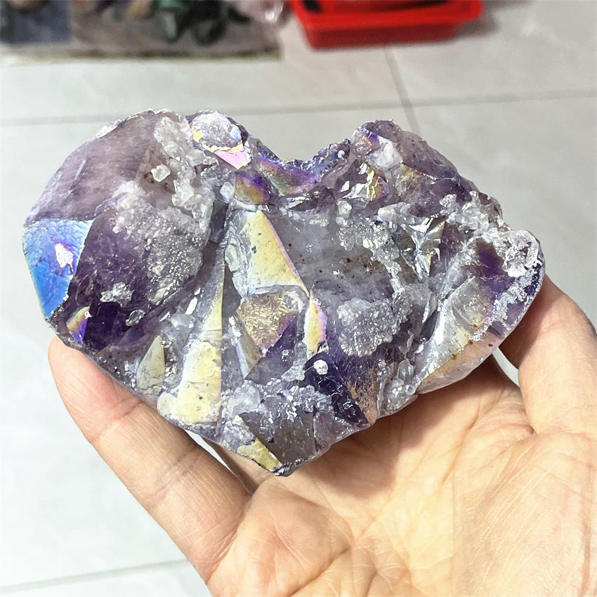 1pcs Amethyst Geode Heart Shaped Crystal Healing Crystals Stones Titanium Rainbow Aura Amethyst Cluster Angel Aura Quartz