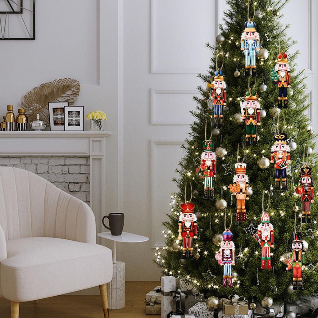 12Pcs Christmas Nutcracker Soldier Wooden Pendant Xmas Tree Hanging Ornament Navidad Decoration for Home New Year Gift