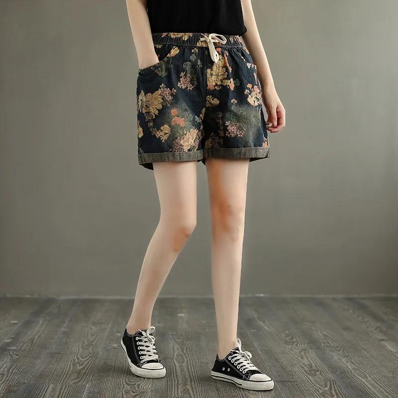 Ladies Denim Shorts Ethnic Print High Waist Women's Loose All-match Elastic Waist Streetwear Summer
