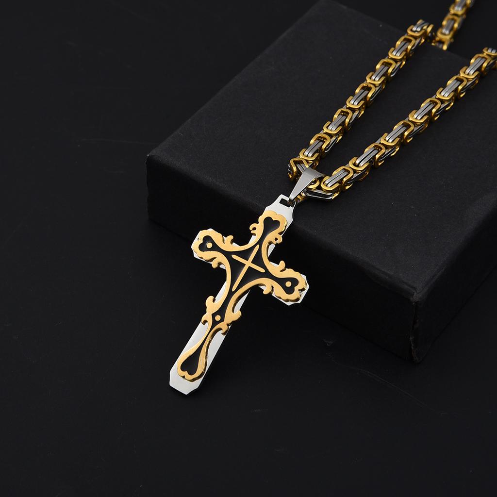 Embossed Single‑Layer Cross Pendant Necklace, Stainless Steel Imperial Chain Fashion Personality Jewelry for Men Women