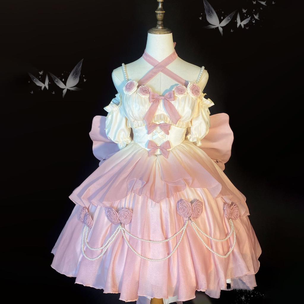 Abiti Dolci Donne Moda Lolita Abito Giapponese Perline Scavato Floreale Abito Carino