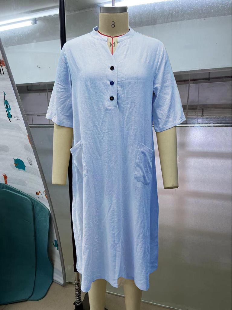 Women's Mid-Length V-Neck Cotton Linen Dress with Short Sleeves and Three-Button Pocket