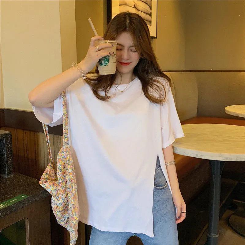 

2025 Женская белая футболка оверсайз в корейском стиле с разрезом и короткими рукавами M белый