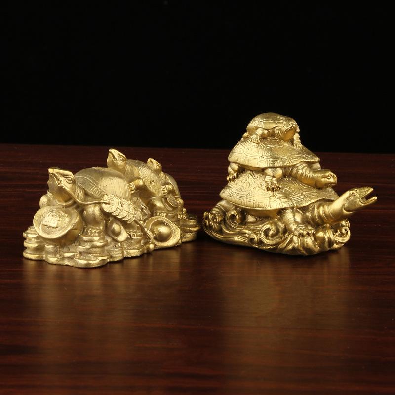 Brass - Small Money Pair Thousand-Year Fu Lu Shou Three-Generation Turtle Ornaments W