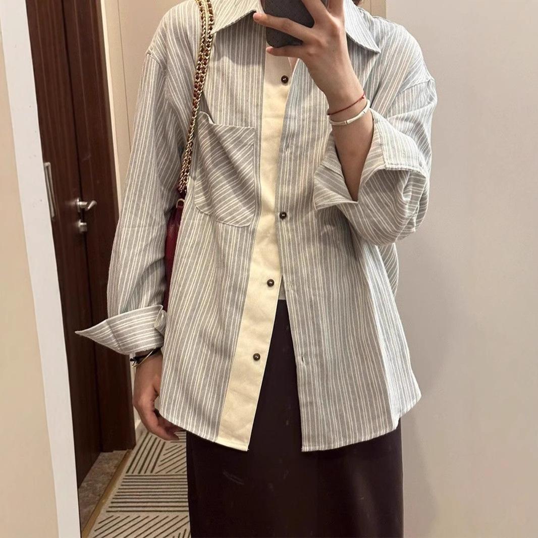 

Дизайнерская чувственная свободная полосатая рубашка с длинным рукавом для женщин на весну и осень, новая повседневная рубашка для защиты от солнца XXL
