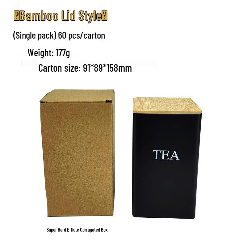 Bamboo Lid Square Metal Storage Tin for Coffee, Sugar, Tea - European American Style