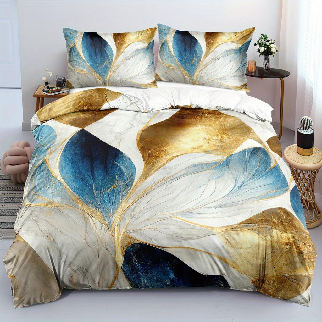 Leaf Theme Duvet Cover Set - 2/3pcs, Soft Comfortable Breathable, Botanical Print Bedding Set, Golden Leaf Print Duvet Cover Set