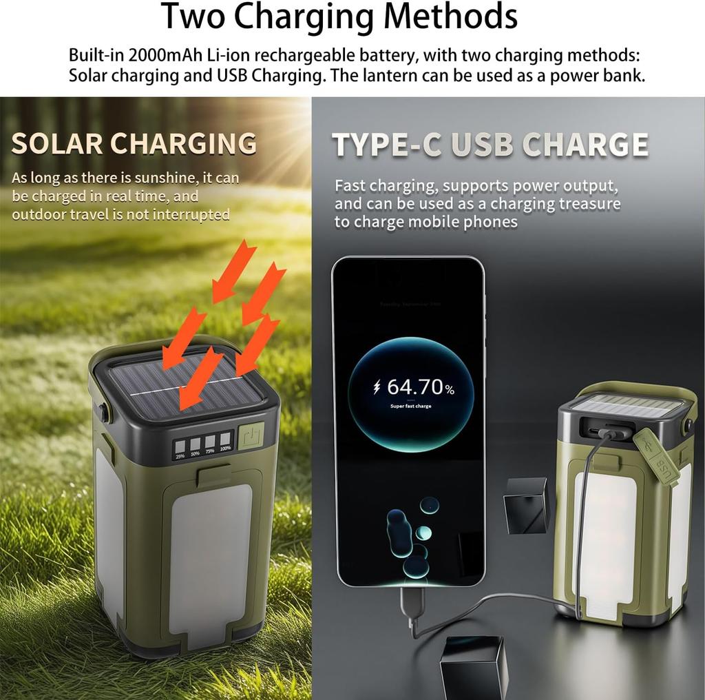 Solar LED Camping Lantern Portable IPX4 Waterproof Rechargeable 2000mAh Solar Charging 6 Modes Flashlight Tent Lights for Camping Hiking
