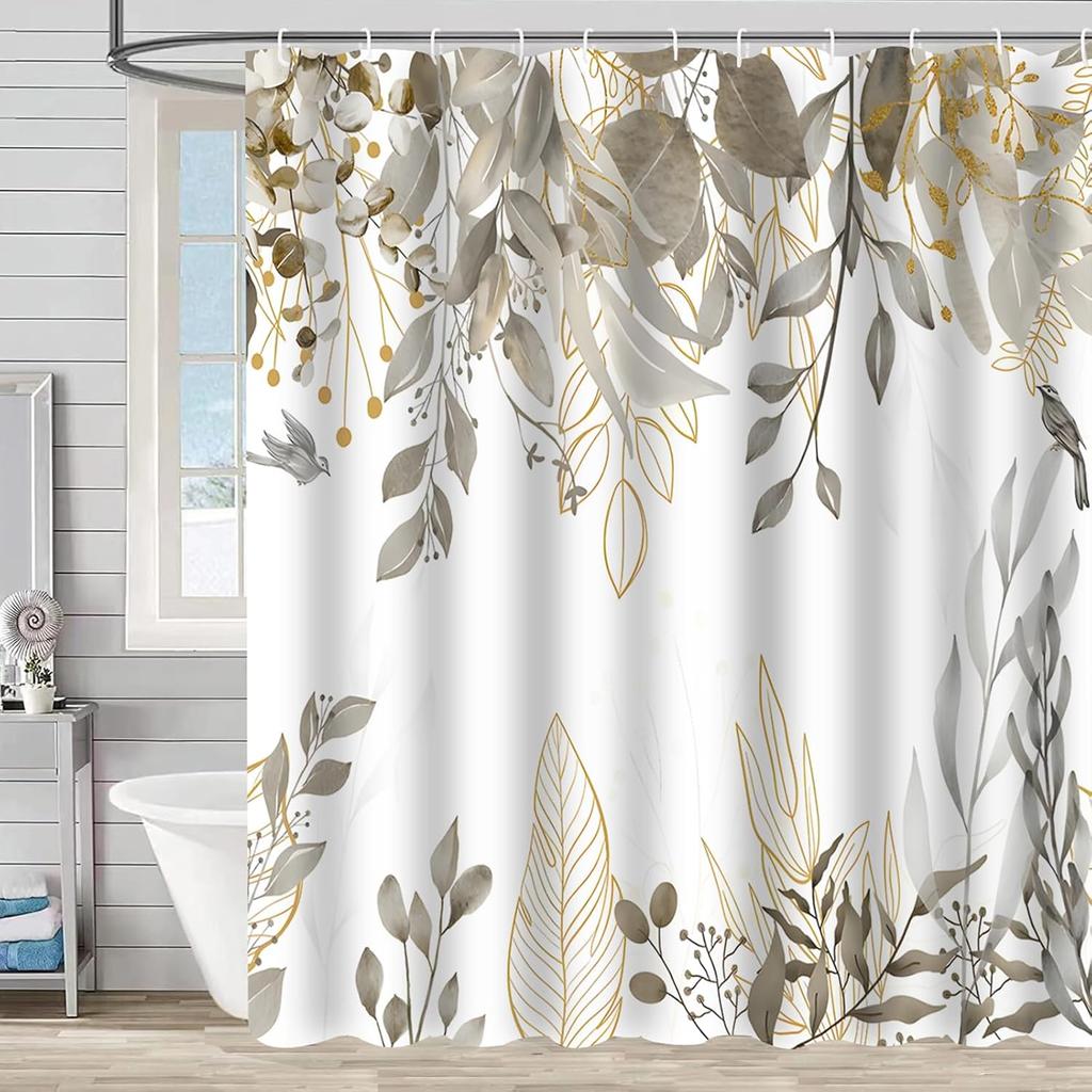 Grey Tan Eucalyptus Leaves Shower Curtain, Beige Weeping Branches Design, Waterproof Fabric Bathroom Curtain