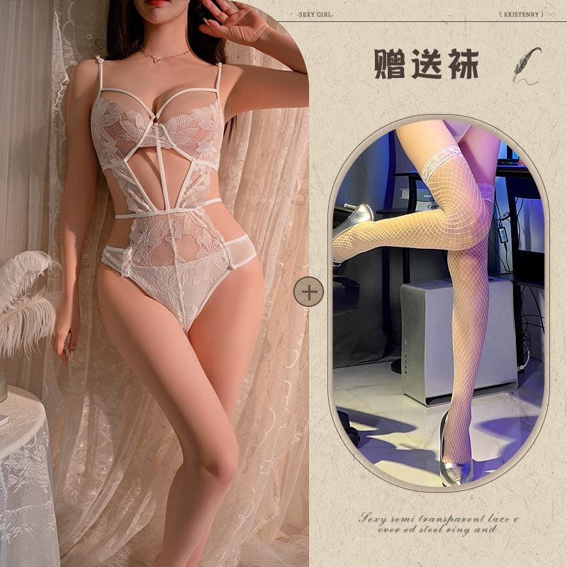 Hollow and Thin Sexy Underwear Sexy Onesie Temptation Strap Perspective Lace Free Purple