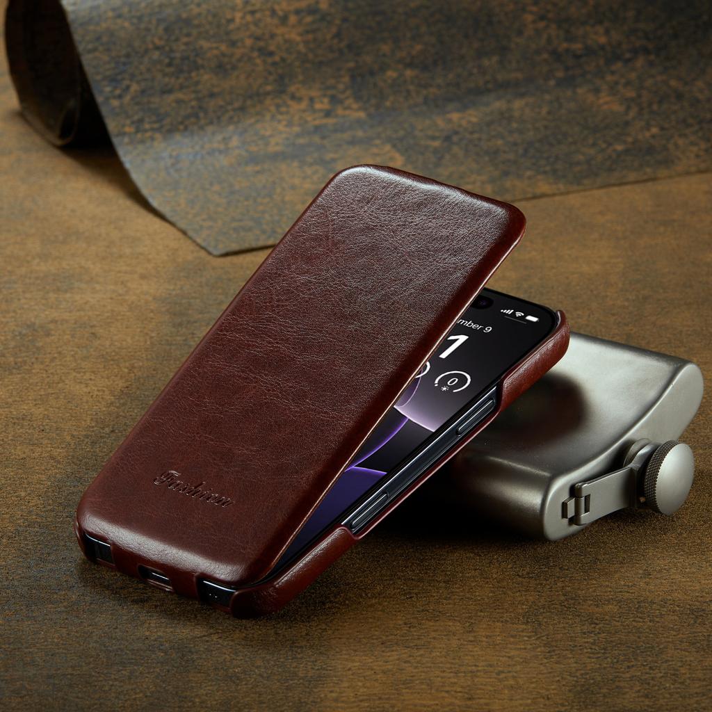 Retro Leather Phone Case iPhone 16 15 14 13 12 11 Pro Max 16Plus 16E Vertical Flip Genuine Leather Hard Back Cover