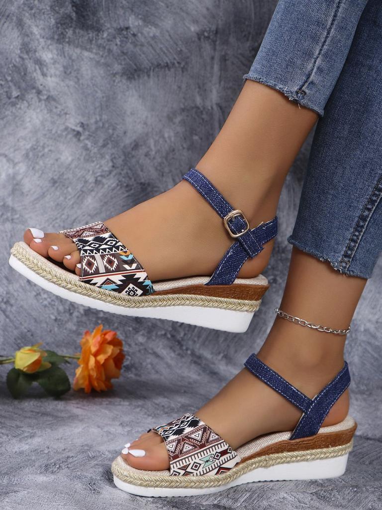 Roman color matching wedge heel large size fashion round head thick bottom open toe women's one-word buckle new wish2025