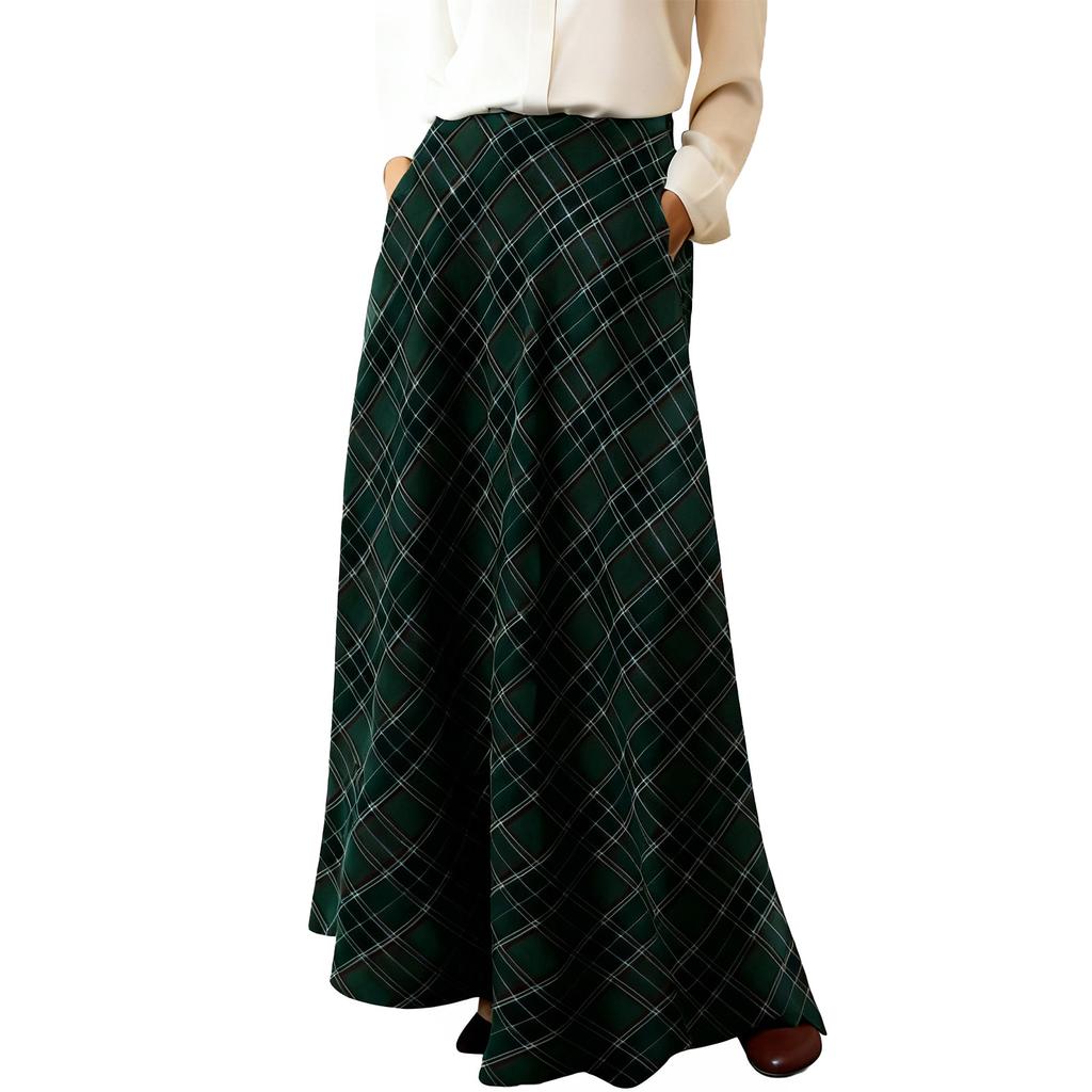 Damen Retro Karomuster Maxi-Rock, Hoher Bund, Modischer Lässiger A-Linien Faltenrock Karomuster Bodenlang