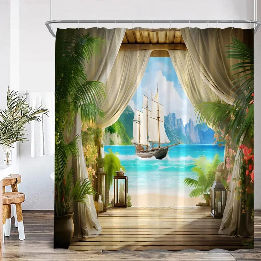 Moderní Krása Plážová Krajina Sprchový Závěs Letní Dovolená Plážová Krajina Plachtění Koupelnová Dekorace Sprchový Závěs