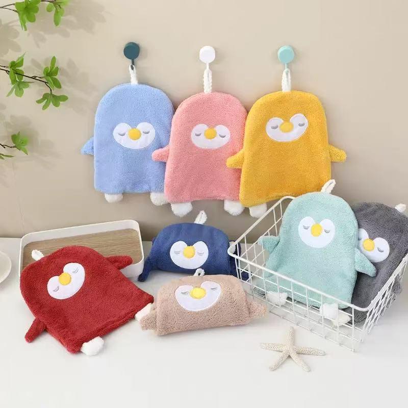 Cartoon Embroidered Coral Fleece Hand Towel with Strong Water Absorption, Thickened Hanging Style for Kitchen Use.