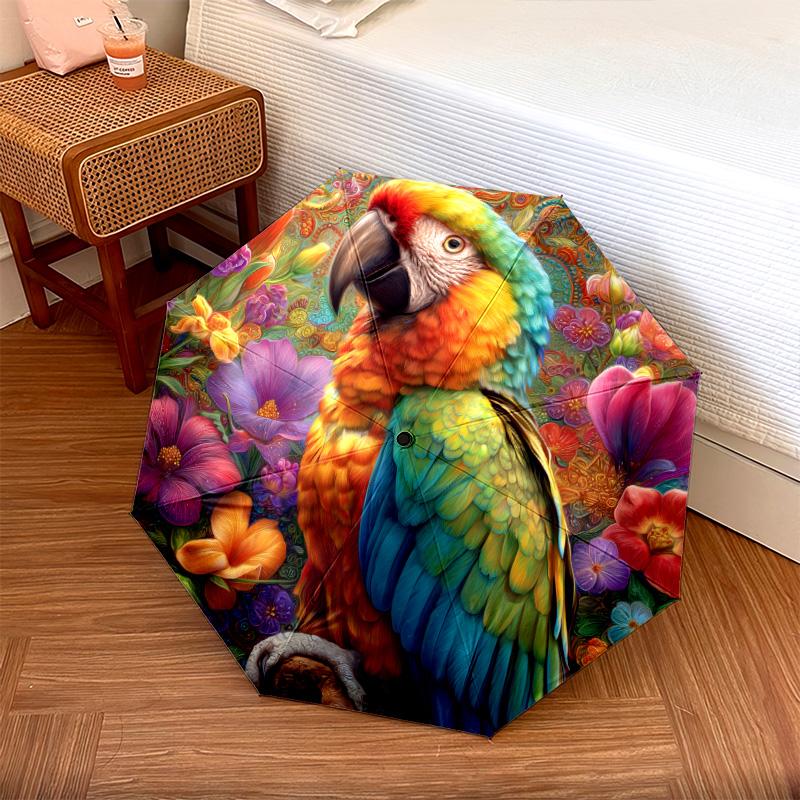 Flower Parrot Pattern, Automatic Folding Umbrella, Portable and Foldable Design, 8 Ribs, a Christmas or Birthday Gift.