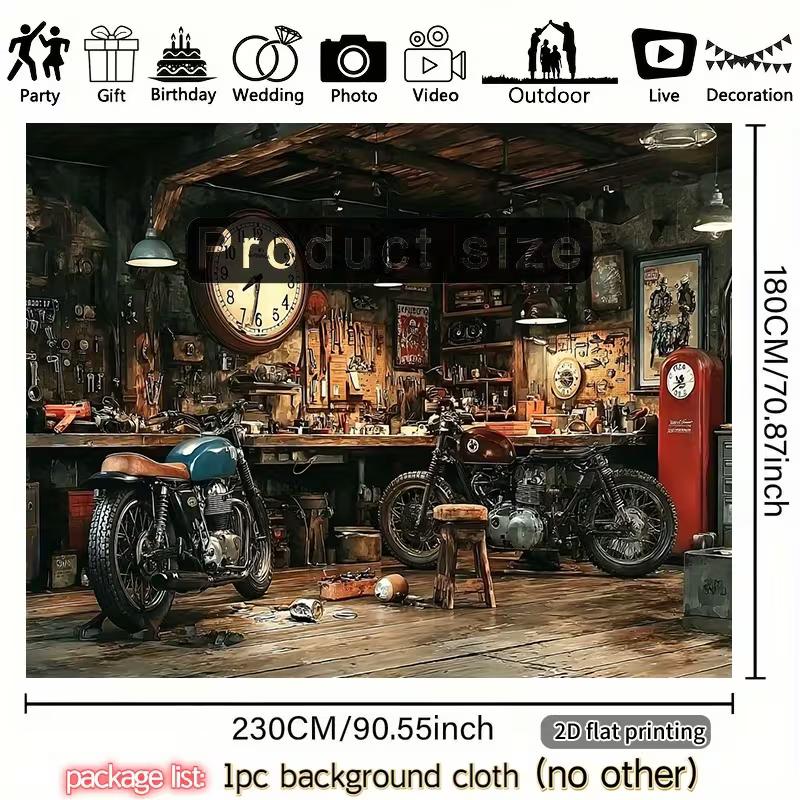 

2D Retro Motorcycle Workshop Backdrop with Vintage Bikes, Tools and Wall Clock 47.2x31.5inch/120*80cm