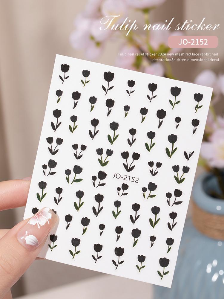 Tulip Embossed Camellia 3D Nail Stickers - 2025 Trendy Five-Petal Design Decor