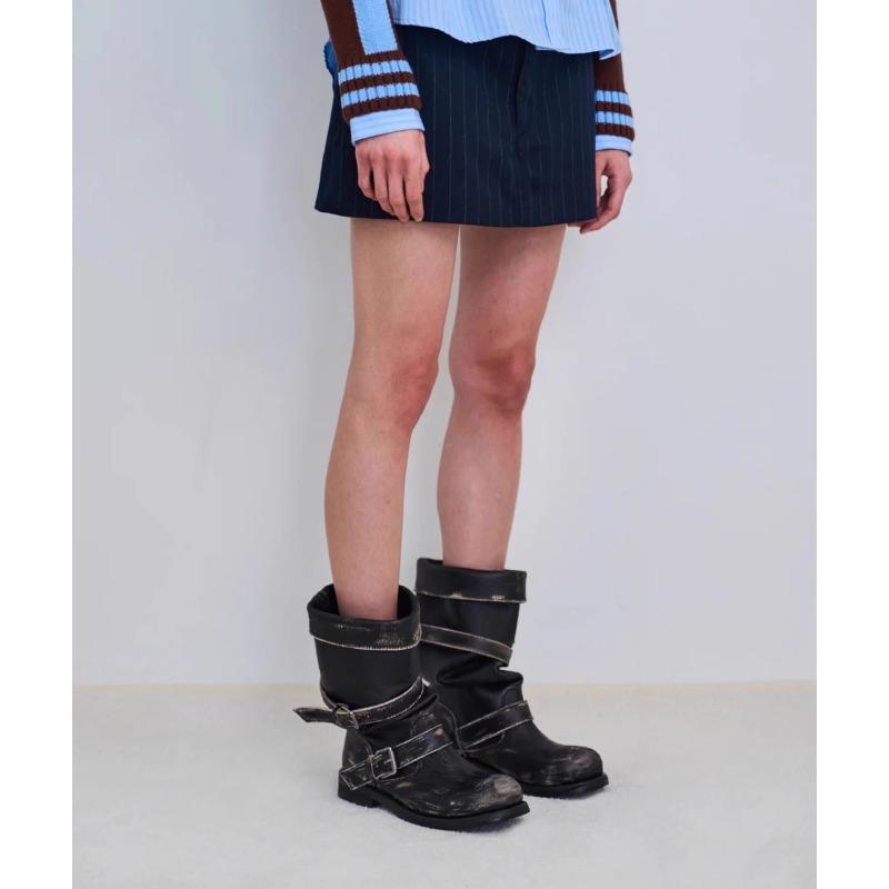 Chaussures à boucle de ceinture, Bottes rétro mi-mollet à talons épais, Bottes de niche pour filles