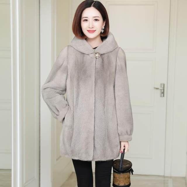 Women's Imitation Mink Fleece Fur Coat Hooded Mid-length Thick Mink Coat Loose