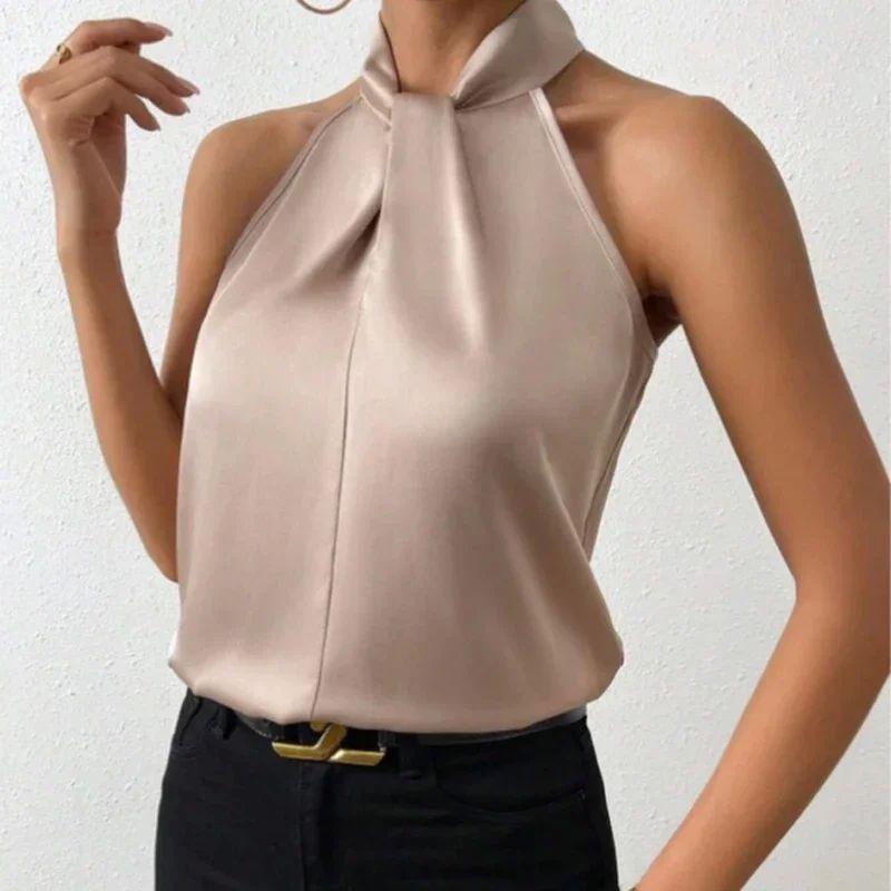 Hanging Neck Sleeveless Imitation Silk Top Halterneck Sleeveless Imitation Silk Tops