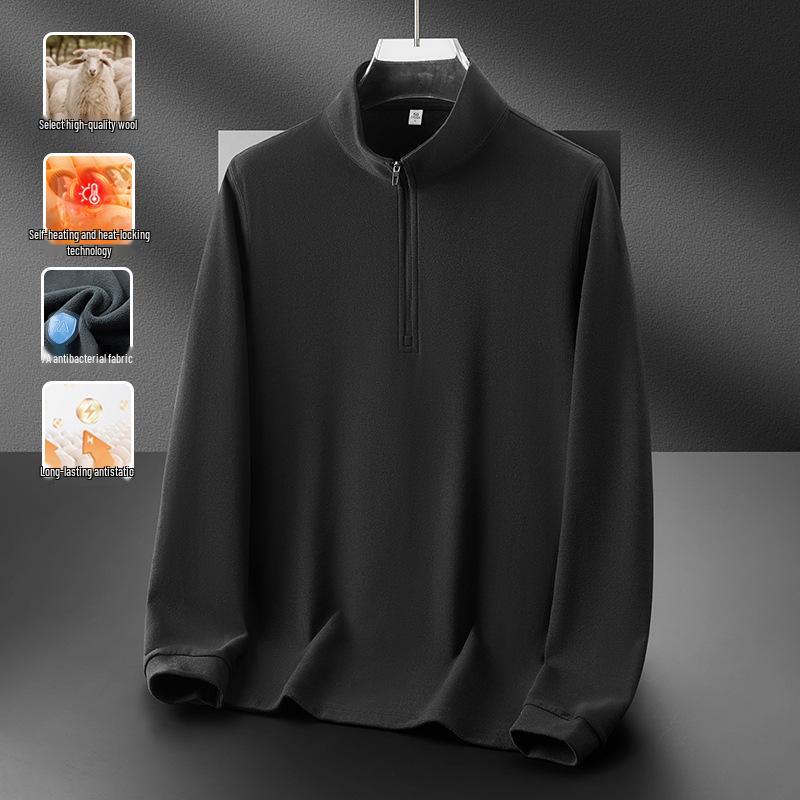 

Мужской антистатический базовый слой из шерсти на молнии до половины, утепленный флисом, с теплым воротником-стойкой, толстовка для осени/зимы 2XL чёрный