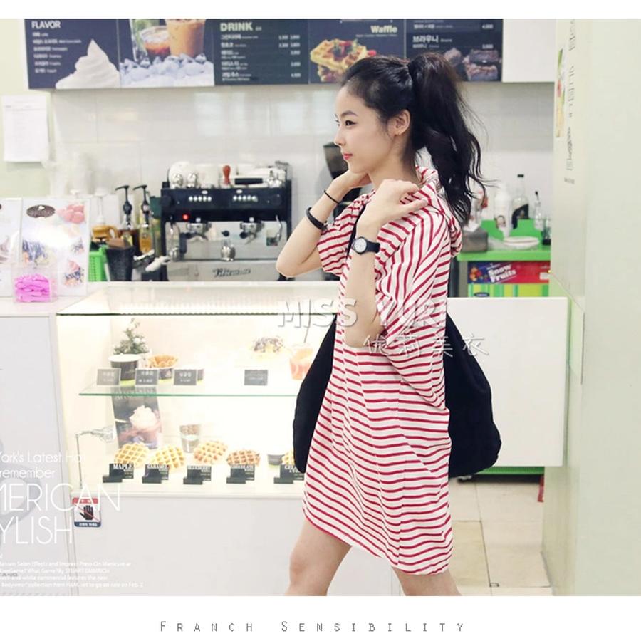Beach Holiday Striped Loose Hoodie Short Sleeve Dress for Women - Plus Size Korean Style