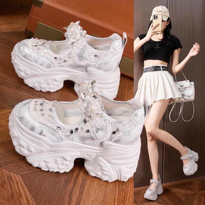Platform Mary Jane shoes women's 2025 summer new Velcro shoes flower rhinestone sandals versatile inner height increase women's shoes