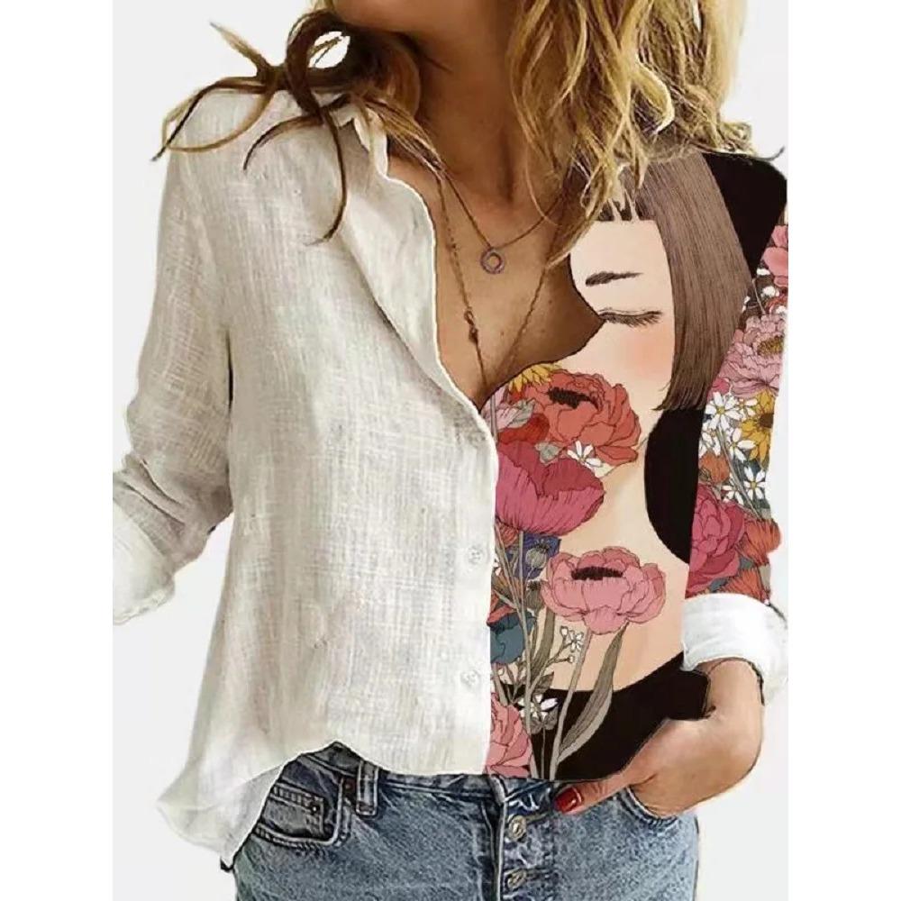 Fashion Stitching Retro Face Print Long Sleeve Blouse Women Lapel Button Casual Top Lady Shirts
