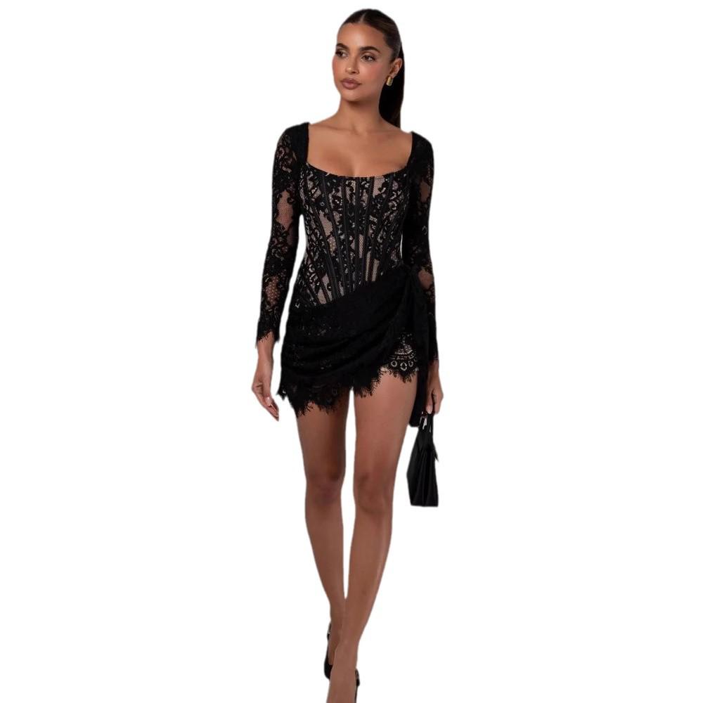 Europäisches & Amerikanisches Sexy Spitzen-Netz-Kleid mit Fischbein-Taillenformer – Langärmlig, Herbst/Winter Kurzer Rock