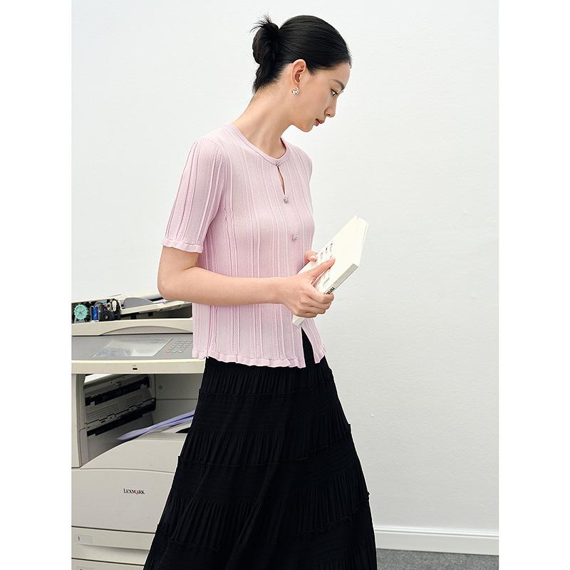 JUZUI Elegant and Simple Curved Pearl Yarn Knitted Shirt for Women Summer New Style JWFX31217