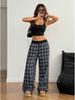 Retro Karo Bodenlange Weitbeinige Hose: Elastischer Bund, Vielseitig, Bequem, Gerades Bein, Lässiger Stil