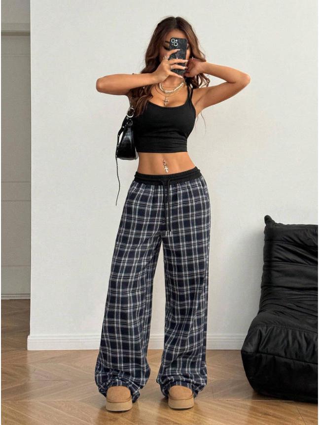 Retro Karo Bodenlange Weitbeinige Hose: Elastischer Bund, Vielseitig, Bequem, Gerades Bein, Lässiger Stil
