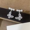 Exquisite French Silver Butterfly Pearl Stud Earrings: Elegant Cubic Zirconia Ear Jewelry for Women