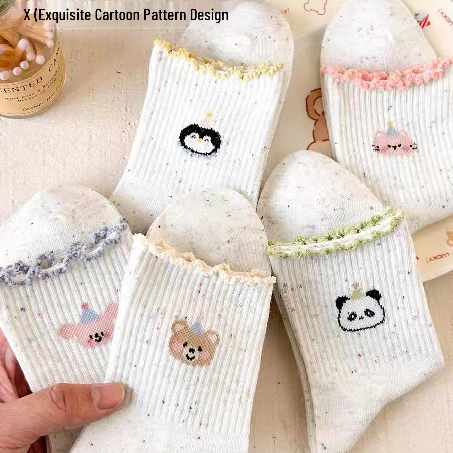 Polka Dot Panda Embroidery Cotton Mid-Calf Socks - Cute Japanese Style for Spring and Autumn