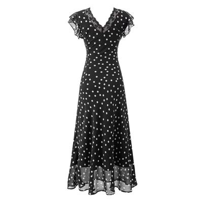 French Retro Lace Polka Dot V-neck Lace-up Temperament Waist Slim Dress Women's Summer Vacation Style Long Skirt