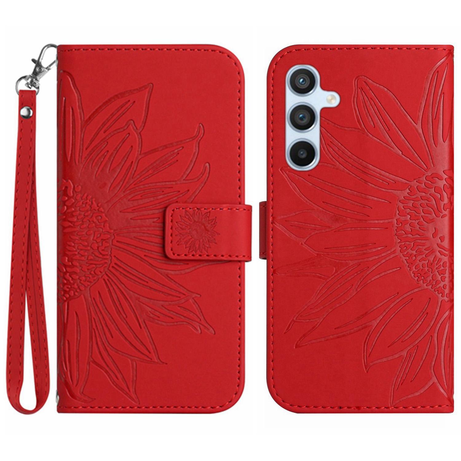 

For Samsung Galaxy A26 5G Case Sunflower Imprint Leather Wallet Phone Cover with Wrist Strap Red