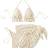 Women's 3 Piece Ruffle Halter Bikini Set Textured Triangle Top Lace Crochet Cover Up Skirt Sexy Summer Beach Hot Spring Bathing Suit Swimwear