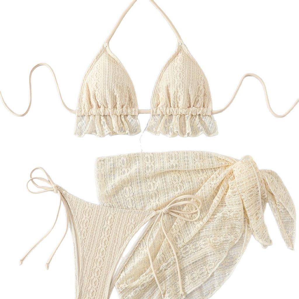 Women's 3 Piece Ruffle Halter Bikini Set Textured Triangle Top Lace Crochet Cover Up Skirt Sexy Summer Beach Hot Spring Bathing Suit Swimwear