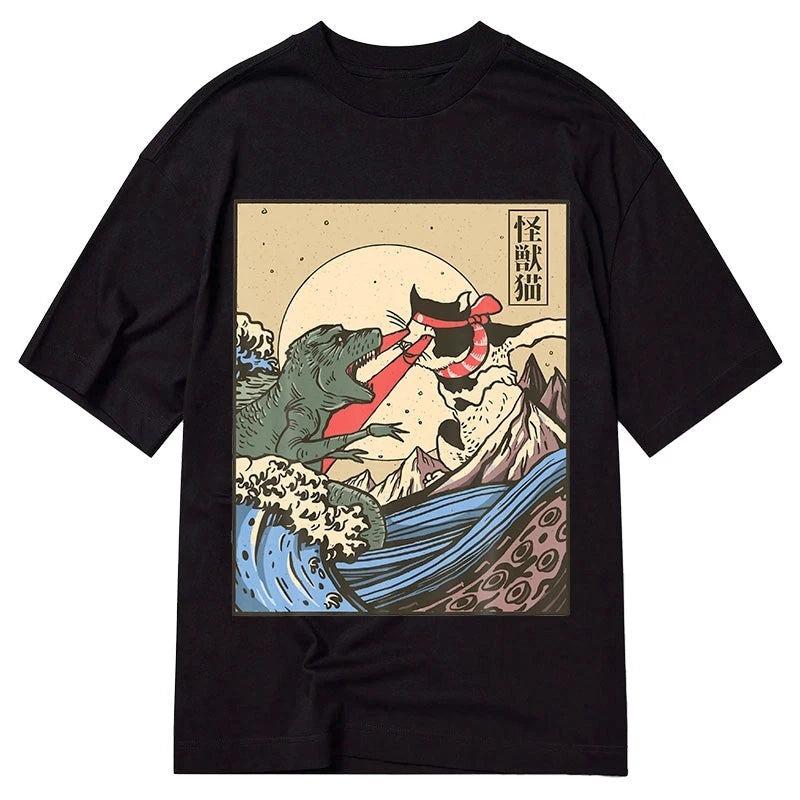 Fashion 100% Cotton T-shirts Vintage Retro Japanese Great Wave Cat VS Monster Classic Tees  Loose Short Sleeve O-neck Tops
