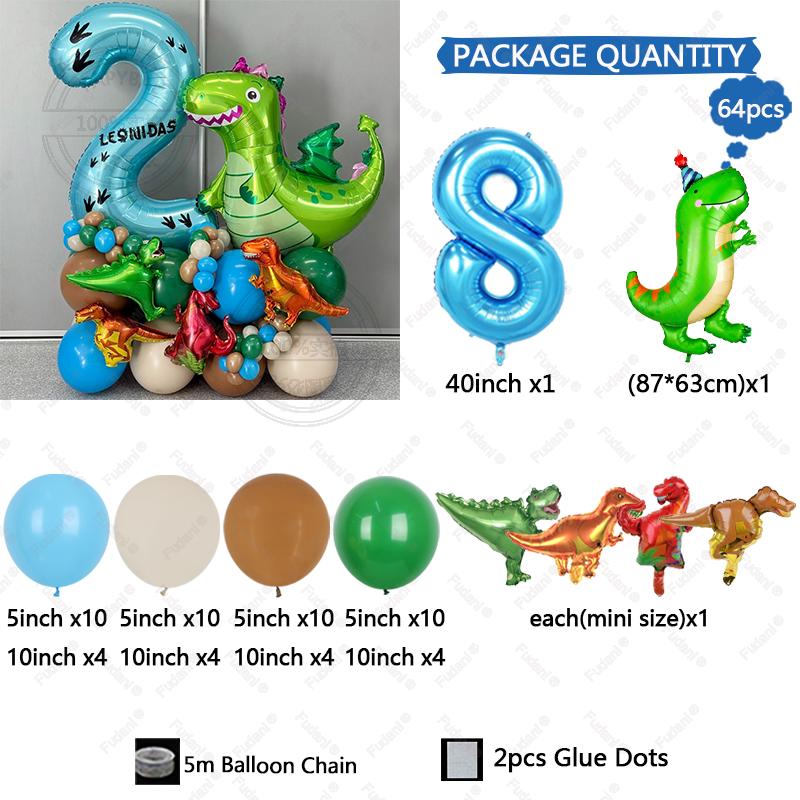 64pc/set Little Dinosaur Blue Series Digital Aluminum Film Balloon 1-9 Suitable for Birthday Party Anniversary Graduation Gift