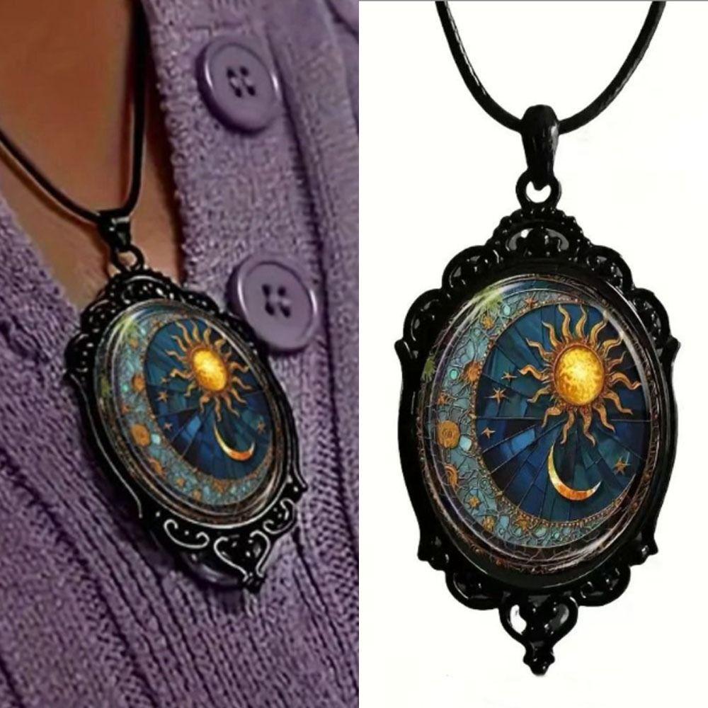 Vintage Gothic Glass Pendant Necklace Sun Moon Style Charm Necklace  Jewelry Accessories