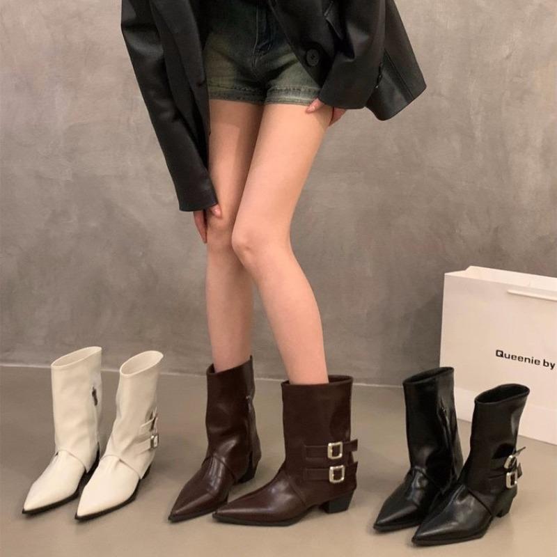 Vintage Suede Women Trouser Legs Boots Fashion Belt Buckle Slip On Shoes Autumn Winter Wedges Heel Ladies Long Booties