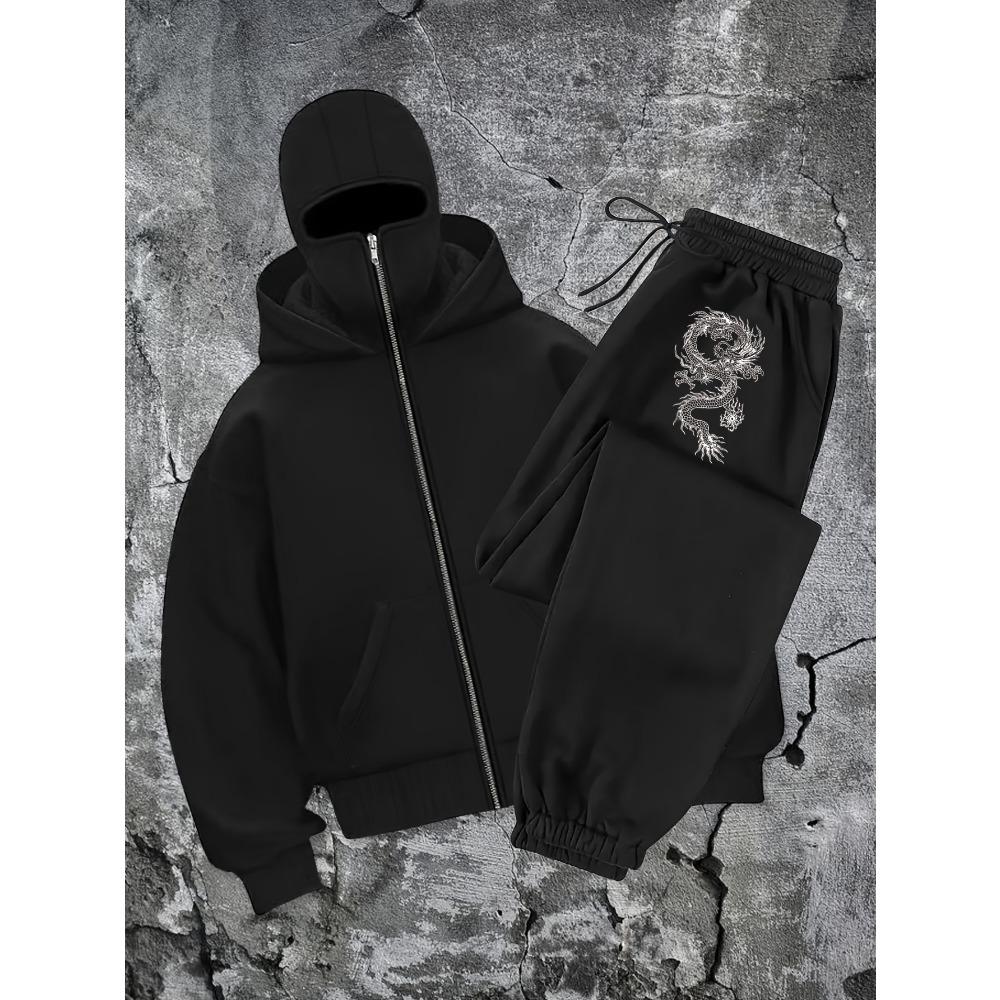 Dragon Patterned Hoodie and Jogging Pants Set, Hooded Zipper and Pants, Casual Streetwear Zipper Hoodie