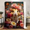 Mixed Color Cartoon Hamster and Floral Pattern Digital Print Flannel Throw Blanket - Non-woven, Polyester, Reversible All-Season