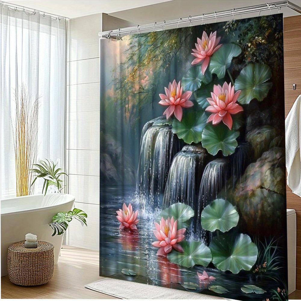 1Pc Waterfall Nature Landscape Shower Curtain Relaxing Lotus Flowers Design Polyester Fabric Bathroom Decor Includes 12 Hooks