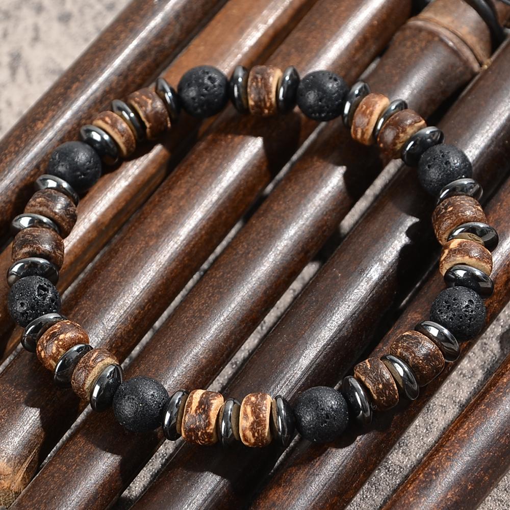 Men's Lava and Wood Bead Bracelet, Embellished with Hematite, Natural Stone Jewelry That Combines Energy,suitable for Daily Wear