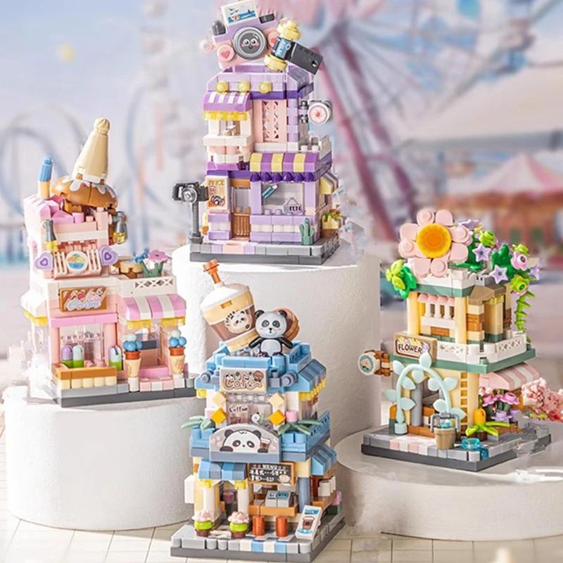 Restaurant Dessert Coffee Pet Fruit Store Street View Food House Building Blocks Kit Girls Bricks Model Kids Boy Toy Child Gifts